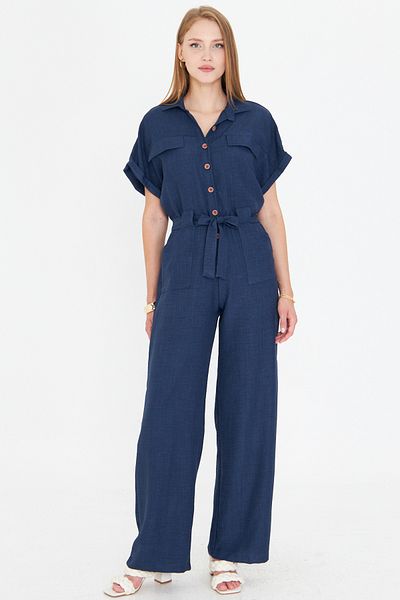 armonika Women's Navy Blue Front Buttoned Waist Belted Pocket Bat Sleeve Palazzo Jumpsuit Arm-24Y001105