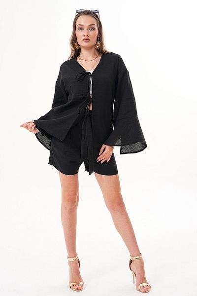 happinice Women's Black Kimono Set – Tie-Up, Relaxed Fit, Shorts Summer Combination