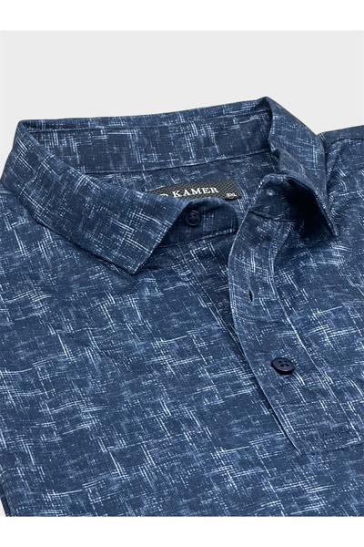 KAMER Plus Size Shirt Collar Short Sleeve Patterned Pocket Navy Blue T-Shirt 5049L