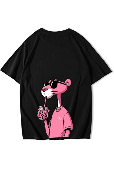 BRZ COLLECTION Unisex Oversize Pink Panther Pembe Panter T-shirt Siyah