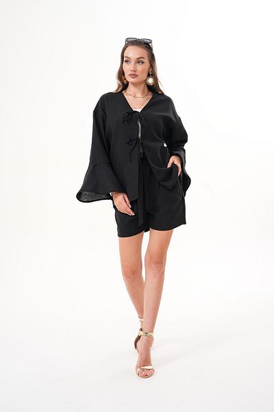 happinice Women's Black Kimono Set – Tie-Up, Relaxed Fit, Shorts Summer Combination