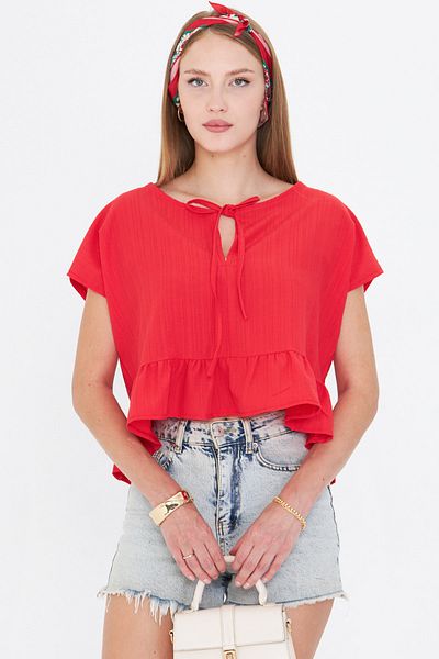 armonika Women's Light Red Bat Sleeve Collar Tie-Up Skirt Ruffled Oversize Crop Blouse Arm-24Y001088