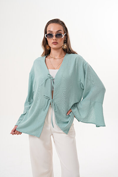 happinice Kimono de in pentru femei, verde, cu șireturi duble