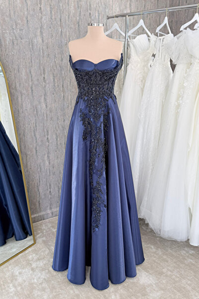 Lenta Moda Lacivert Straplez Yaka Dantel Kaplama Maxi Boy Saten Abiye Ve Kına...