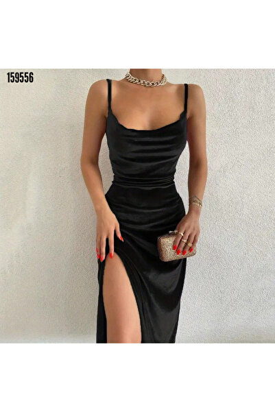 Modayakamoz Kadife Askılı Midi Elbise – Yırtmaçlı ve Degaje Yakalı Özel Gün E...