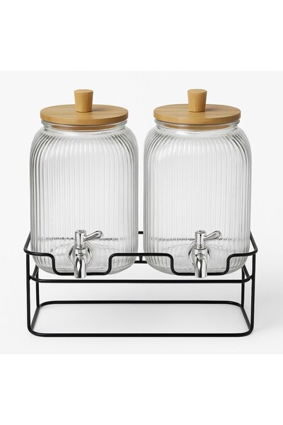morponi 2'li Cam Şerbetlik Seti – Musluklu, Bambu Kapaklı, Standlı 3.75 Lt + 3.75 Lt