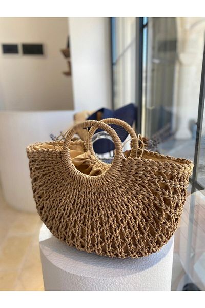 Zeynep Keskin Design Geantă de damă din paie, geantă de umăr din ratan pentru femei, geantă de mână și de umăr Hazeran, geantă de plajă