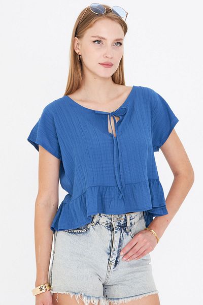 armonika Women's Dark Blue Bat Sleeve Collar Tie-Up Skirt Ruffled Oversize Crop Blouse Arm-24Y001088
