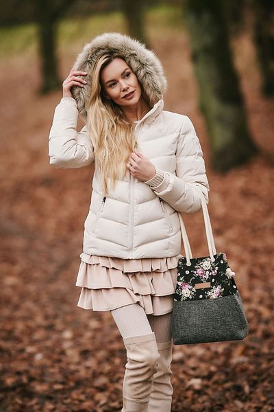 zagatto Geantă de umăr din material textil pentru femei, model floral gri, versatilă și spațioasă, 35x26x14 cm, ZG602