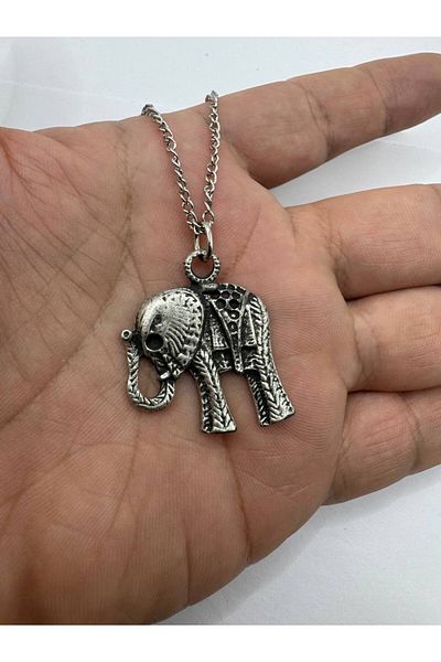 Herşey Nota Thai Elephant Figured Metal Necklace 60 cm Chain – Symbol of Luck and Strength