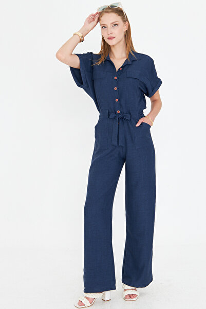 armonika Women's Navy Blue Front Buttoned Waist Belted Pocket Bat Sleeve Palazzo Jumpsuit Arm-24Y001105