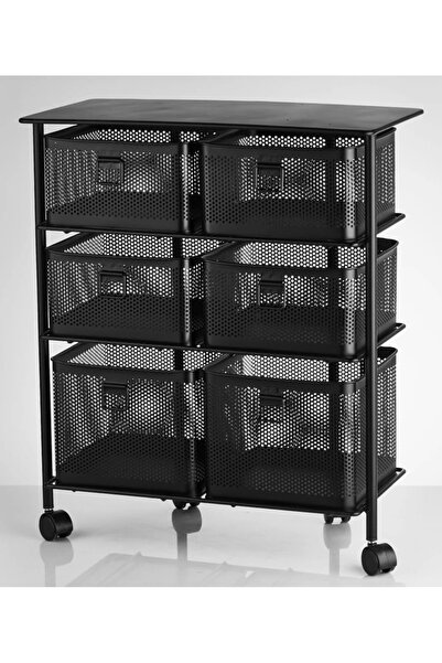 Evistro Metal Tekerlekli Paslanmaz Sebzelik 6 Bölmeli 3 Katlı Siyah