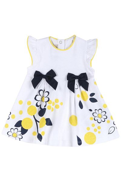 Chicco - Little Girls White Dress With Yellow Print And Navy Bows