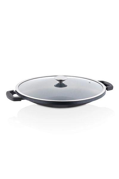 Taç Crown Casting Glass Lid Hair Roaster and Pancake Pan 34 cm Black