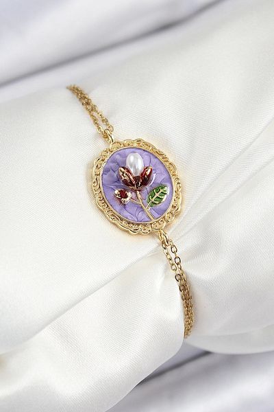 Clariss 316L Steel Chain Purple Enameled Artistic Portrait Pearl Detailed Tulip Model Gold Color Women's Bracelet