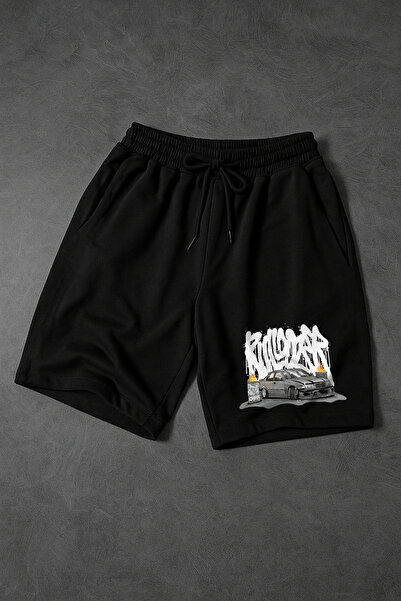 De Carte Drifting Crash Baskılı Likralı Siyah Rahat Kalıp Erkek Şort