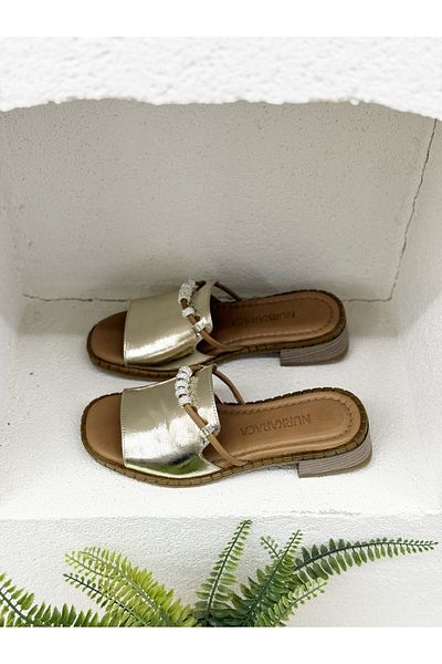 NUR KARACA 25Y048 Stone Detail Genuine Leather 3cm Thick Heel Slippers for Women