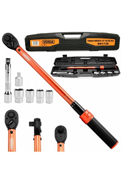 VERDA Torque Wrench for Wheels 1/2" 40-220 Nm with Sockets (17, 19, 21, 24 MM) in Case SN1738