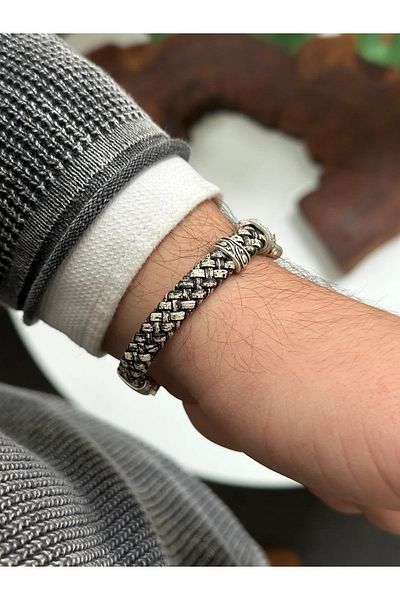 OSMANLI GÜMÜŞ Men's Genuine Leather Zircon Stone Embroidered Zebra Pattern Cord Leather Bracelet