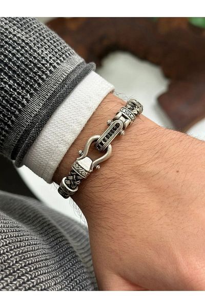 OSMANLI GÜMÜŞ Men's Genuine Leather Zircon Stone Embroidered Zebra Pattern Cord Leather Bracelet