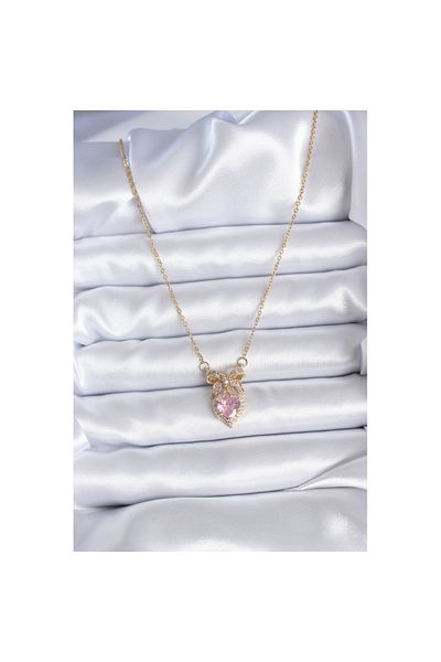 Skygo 316L Steel Gold Chain Pink Crystal Heart Model Zircon Stone Ribbon Model Women's Necklace - TJ-BKO7745