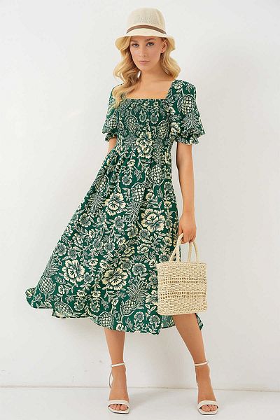 Modasultan Square Neck Princess Sleeve Gipeli Front Side Slit Floral Patterned Midi Length Viscose Dress