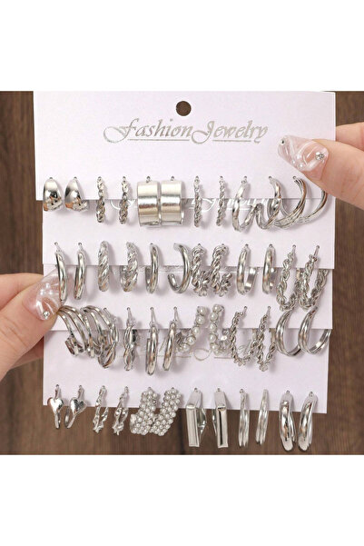 Choice مجموعة من 48 قطعة من الأقراط الفضية العصرية بعناصر متنوعة مثل الفراشة،...