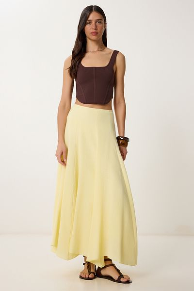 Lovelyİstanbul Summer Long Flared Muslin Skirt Yellow Lns0070