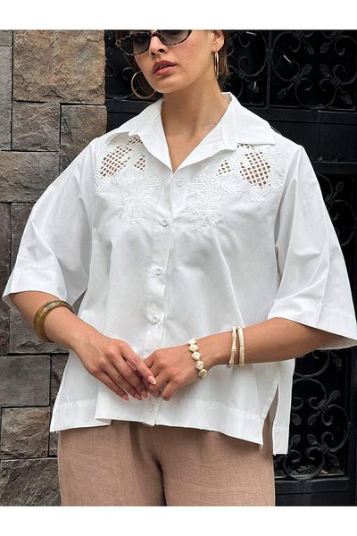 Coral Lace Shoulder Shirt White