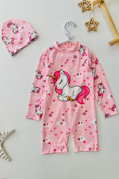 Minigimin Cicileri My Little Girl's Uncrn Printed Girl's Long Sleeve Ribbed Swimsuit Set - Pink