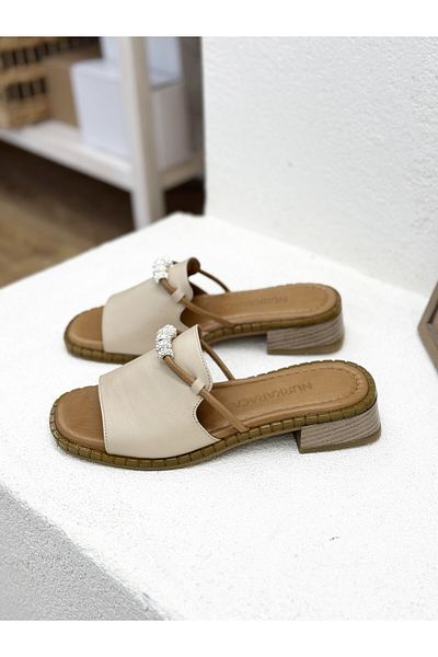 NUR KARACA 25Y048 Stone Detail Genuine Leather 3cm Thick Heel Slippers for Women