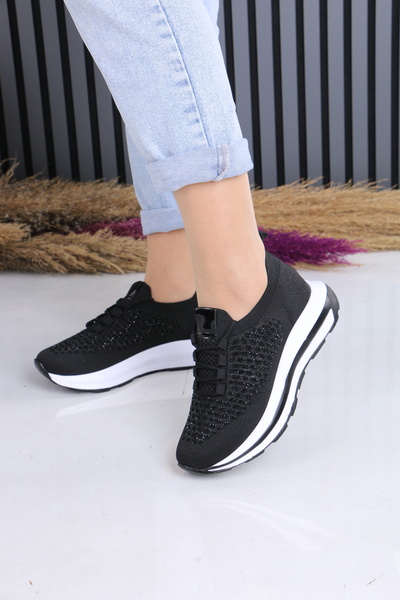 KM shoes Women's Black Stone Detailed Knitwear Sneaker – Light Sole Comfortab...