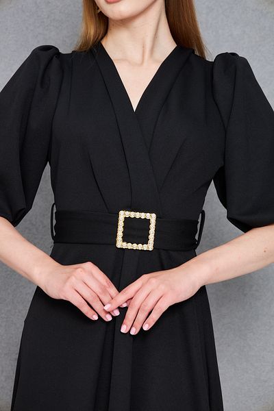 vuvutasarım Women's Crepe Fabric Double Breasted Collar Dress Puff Sleeve and Rhinestone Belt Detail Black Maxi Dress 77124