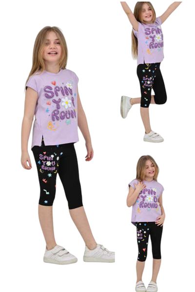 İrem Çocuk Giyim Girl's Spin You Written Capri Leggings T-Shirt Set