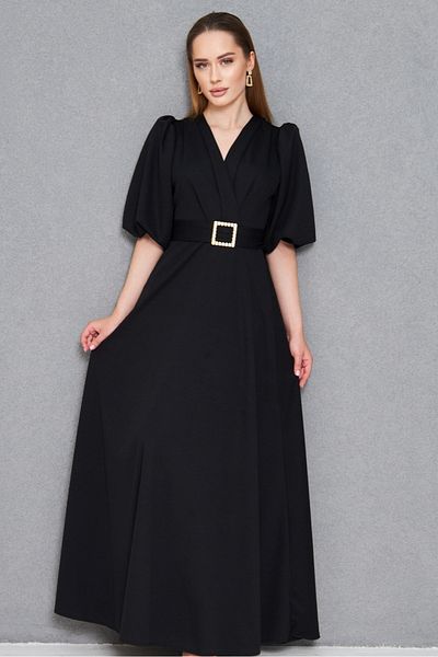 vuvutasarım Women's Crepe Fabric Double Breasted Collar Dress Puff Sleeve and Rhinestone Belt Detail Black Maxi Dress 77124