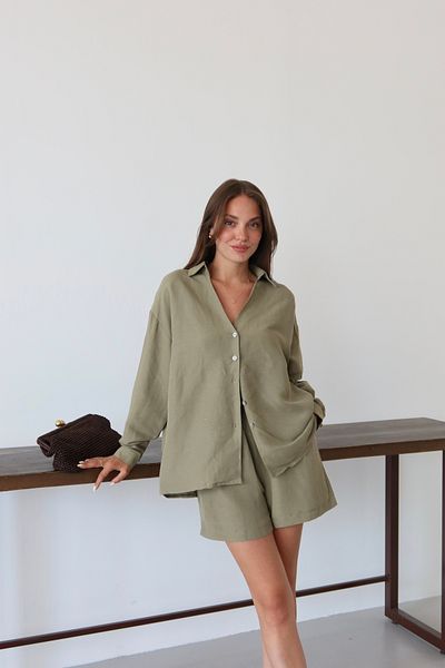 Laluvia Khaki Lorita Shirt Shorts Set - 51178