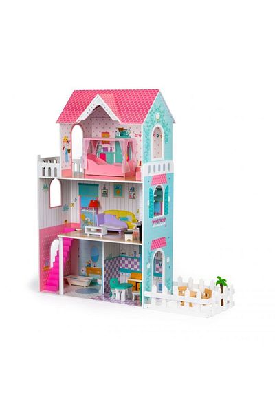 SMARTIC Casuta Din Lemn Pentru Papusi V4, Balcon, Gradina, 4 Camere, Accesorii, Varsta 3 Ani