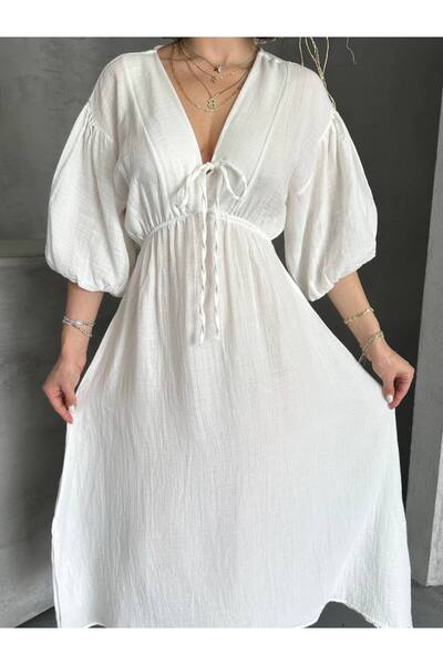 SUN STYLE Φόρεμα 100% βαμβακερό μουσελίνα βαμβακερό ελαστικό εκρού - χρώμα εκρού