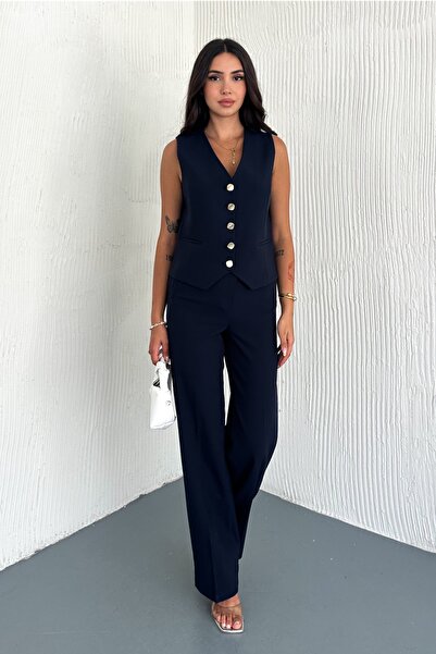 FEMELLE Women's Navy Blue Buttoned Pencil Pants Vest Bottom Top Set