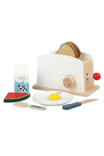 LITTLE ANGEL Kids Wooden Bread Toaster Toy Set – Pretend Play Breakfast Set With Cute Accessories