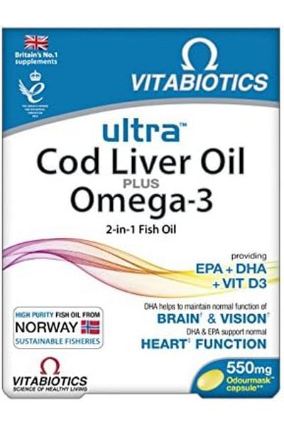 Vitabiotics Ultra Cod Liver Oil Plus Omega-3 for Normal Function of Heart and Brain (Orange Flavour)