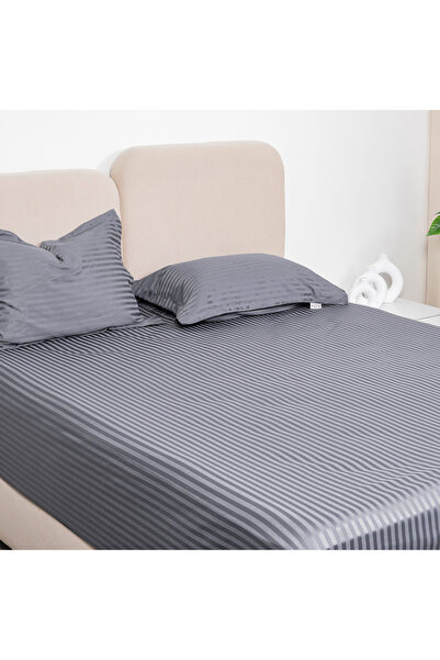 Bed N Home SA Satin Fitted Sheet Set, Striped, 1 cm, Grey, 100% Egyptian Cotton, 350 Thread Count, 2 Pillowcases, 160*200 cm