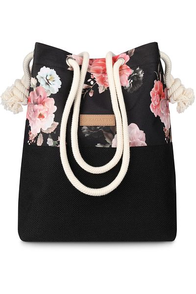 zagatto Geantă de umăr elegantă cu imprimeu floral pentru femei – material textil negru, spațioasă, format A4, perfectă pentru utilizare zilnică