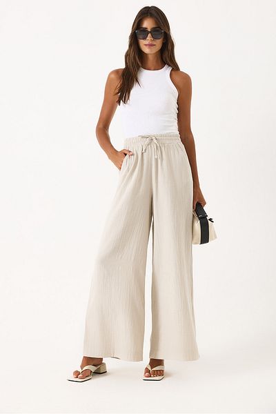 VENA Gigi High Waist Wide Leg Muslin Trousers - Stone