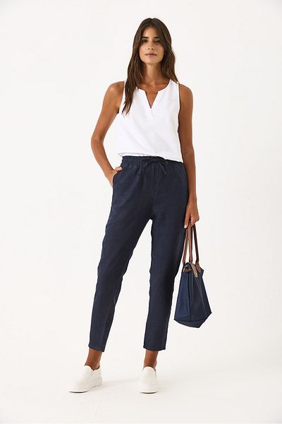 VENA Alian Waist Elastic Linen Beach Trousers - Dark Blue