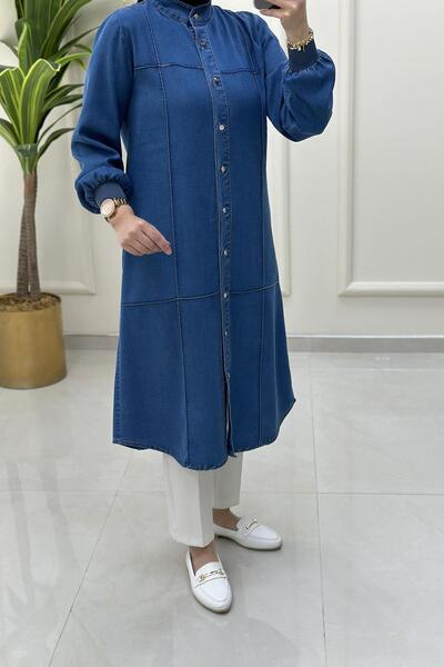 Alesya Kot Önü Düğmeli Kolu Ribanalı Kadın Tunik Mavi ALS 5147