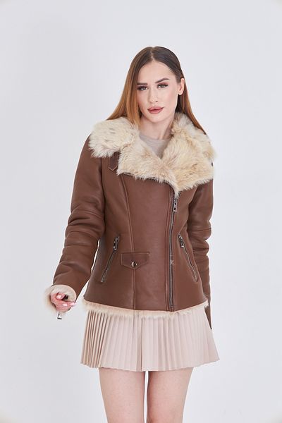 By Marki Marki Women's Genuine Tuscan Fur Coat, Brown, Zippered, 63 Cm, Winter, Luxury Leather Coat - 112122