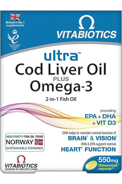Vitabiotics Ultra Cod Liver Oil Plus Omega-3 for Normal Function of Heart and Brain (Orange Flavour)