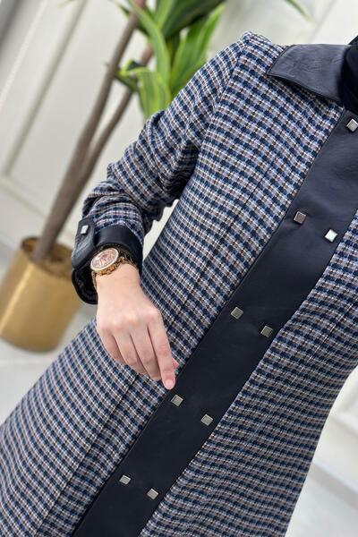 Qetenn Kareli Önü Çıtçıtlı Deri Kombinli Kadın Tüvit Tunik Ceket Mavi QTN 4780