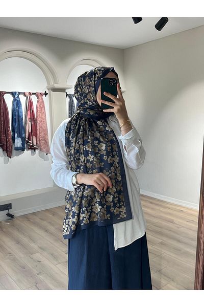 Merwiss Blom Pattern Soft Navy Blue-Brown Shawl